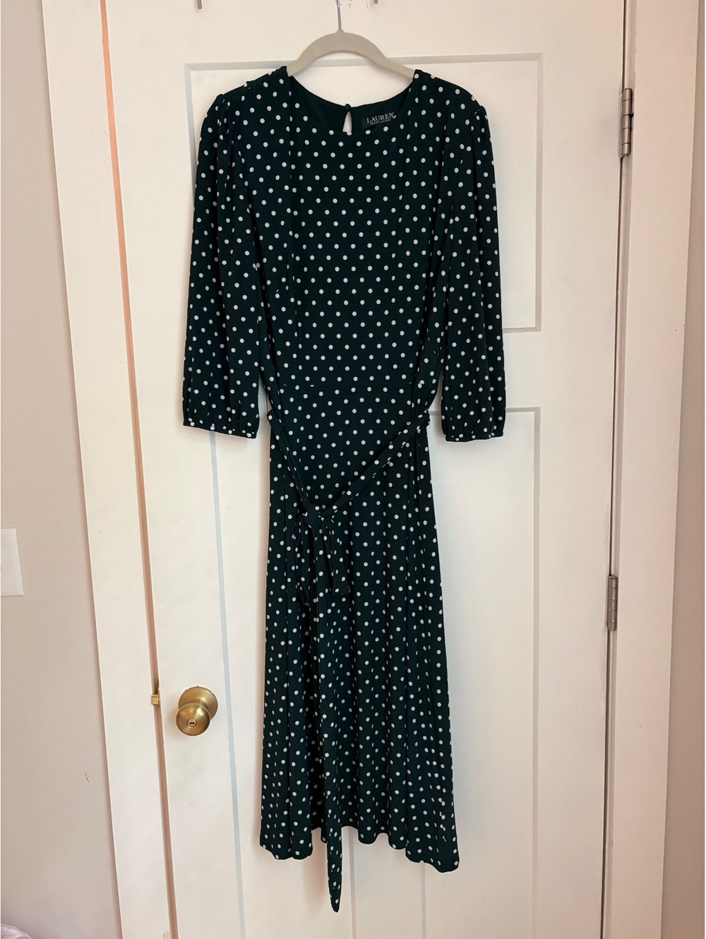 Lauren Ralph Lauren Size 14 Dark Green Polka Dot Stretchy Midi Dress with Tie Wa